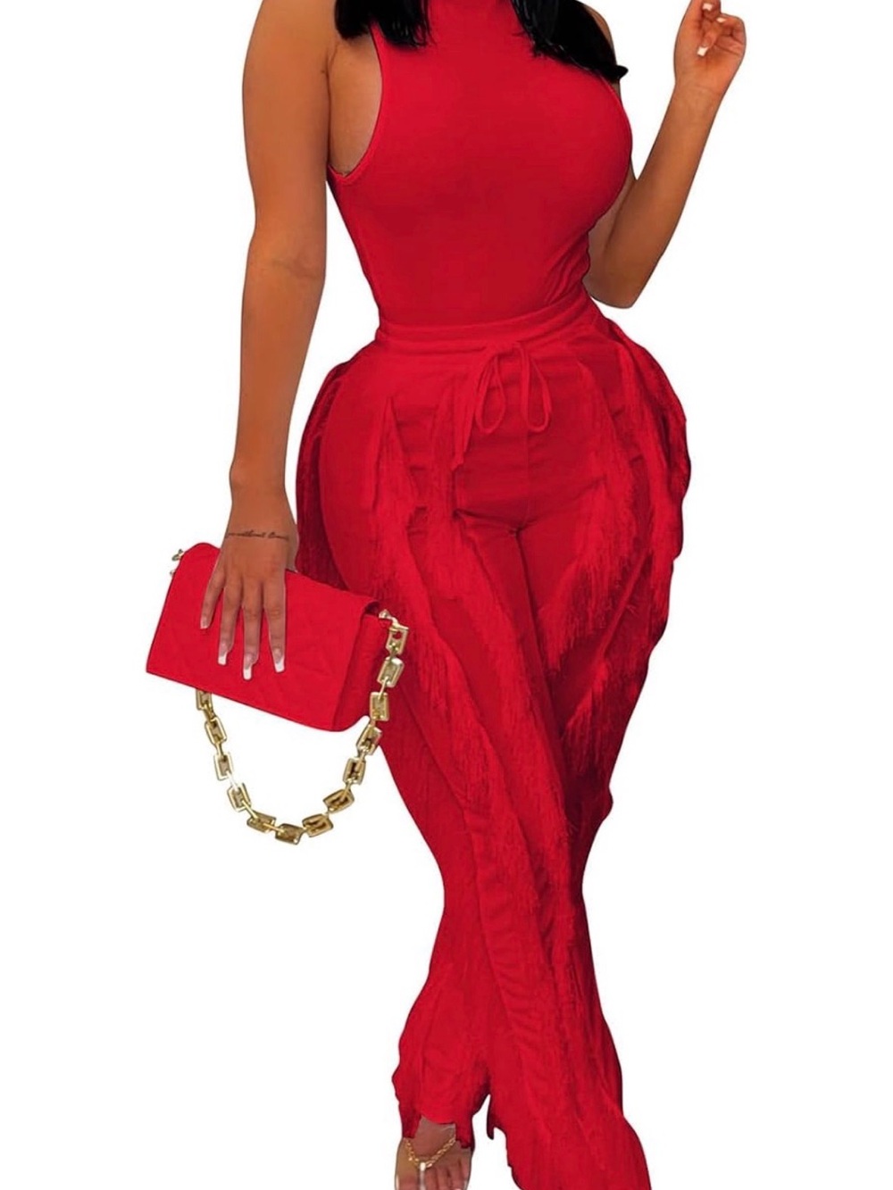 Sleeveless Red Jumpsuit with Drawstring Waist